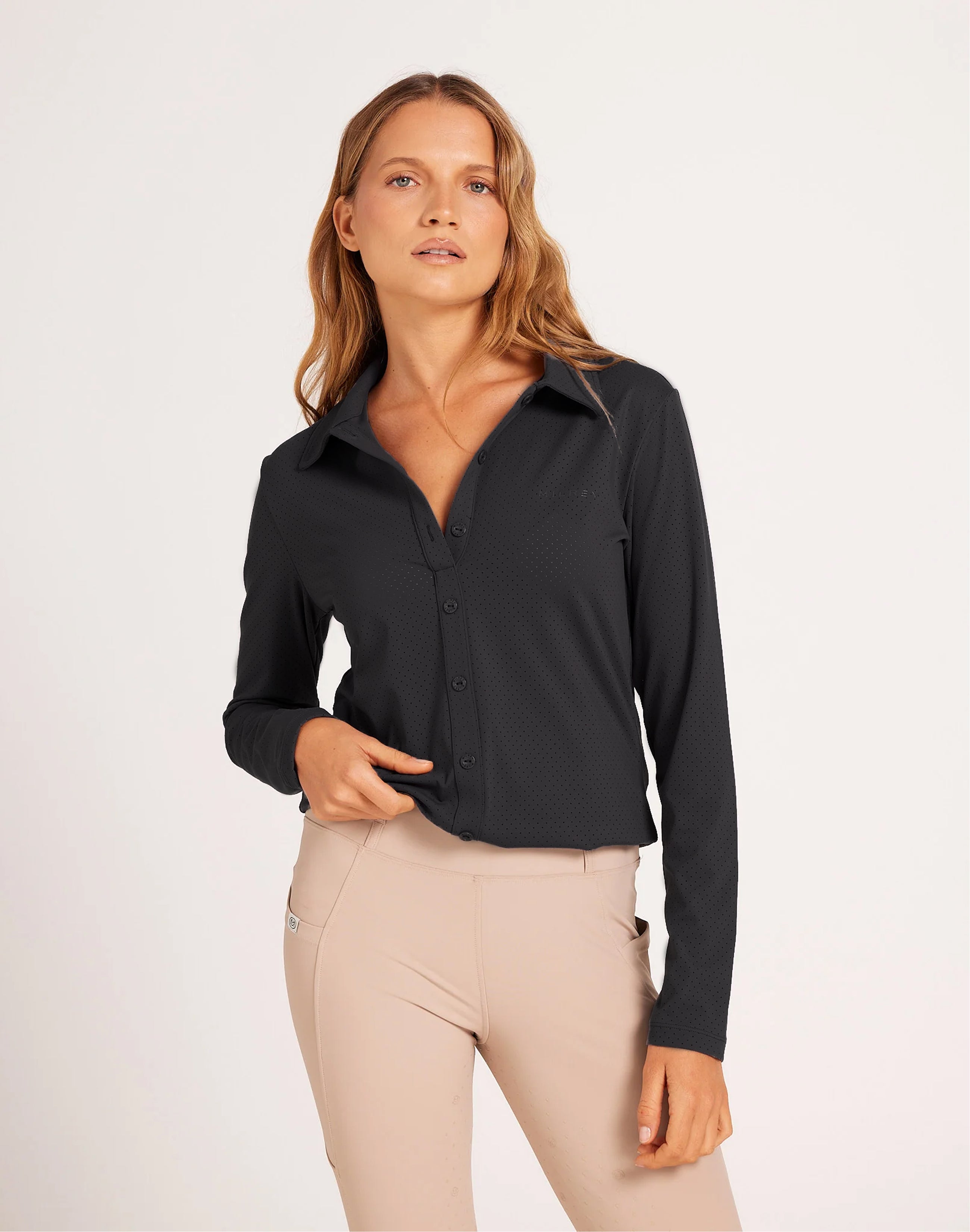 Milrey Callie long sleeve riding blouse in black — casual-fit technical polo blouse for equestrians.