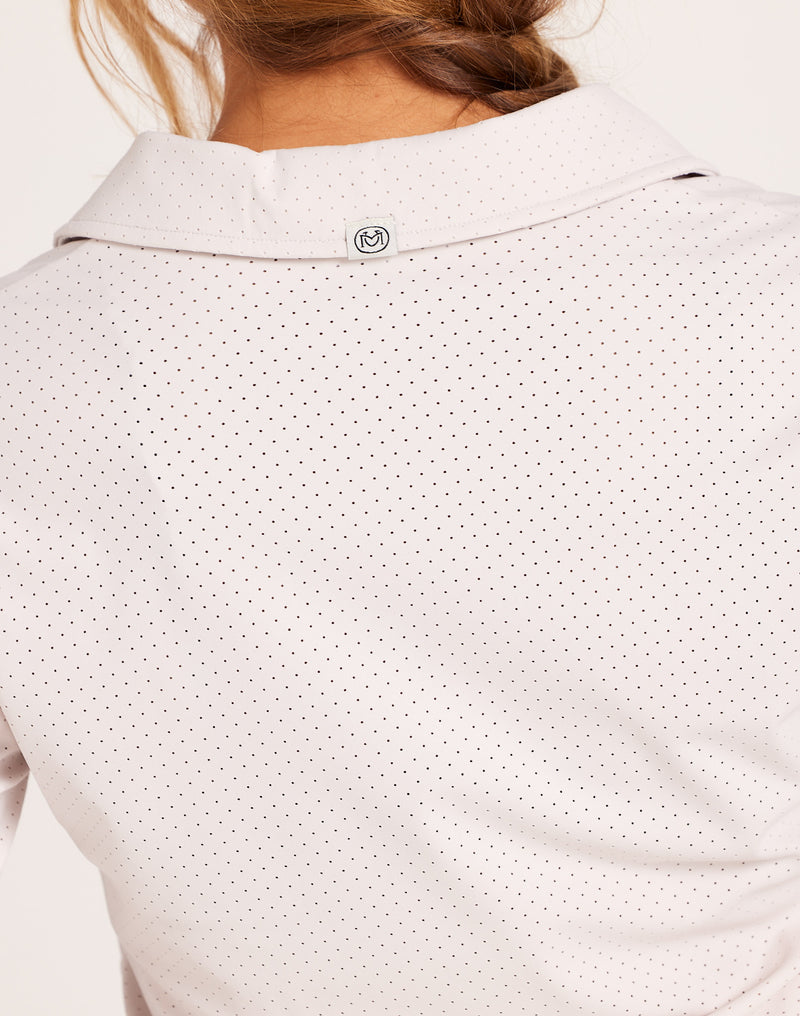 Milrey women's long sleeve riding shirt in off white cream. Casual fit polo blouse for comfortable equestrian wear. Dressage Show Jumping Eventing Competition riding blouse shirt.