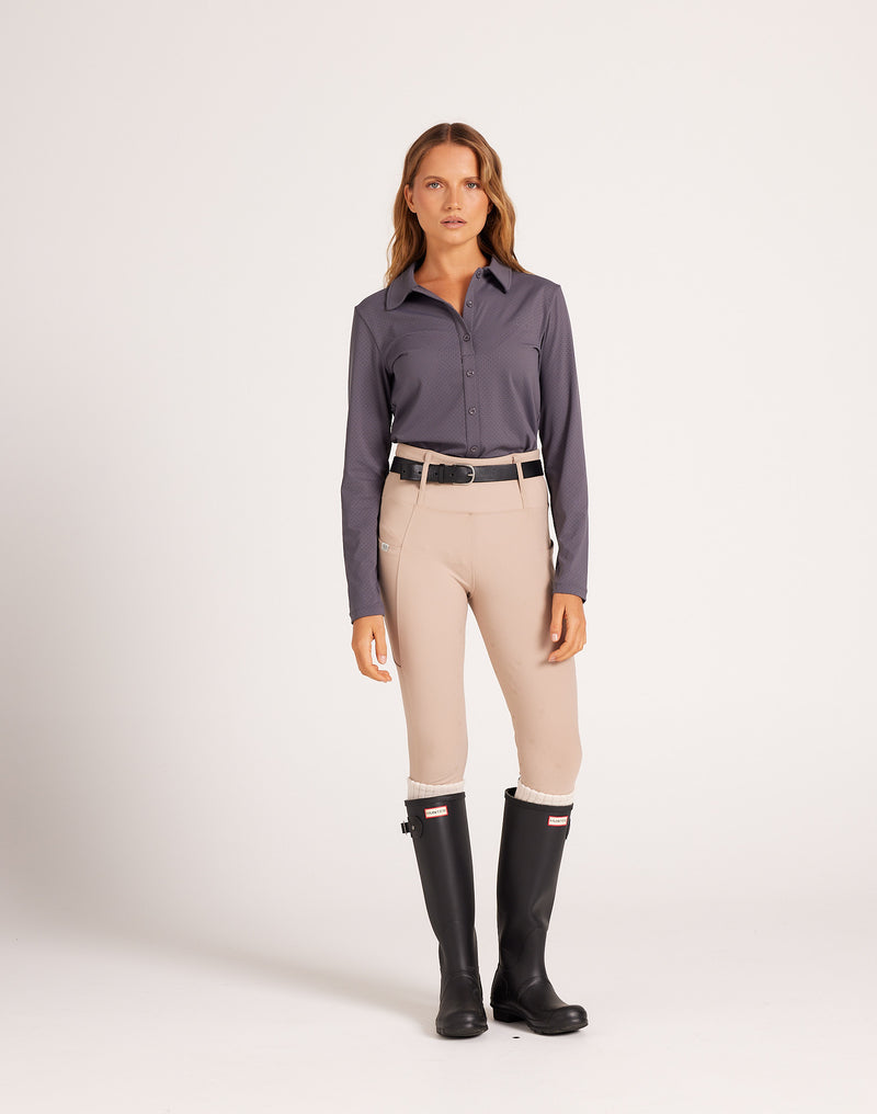 Milrey women's long sleeve riding shirt in dark grey. Casual fit polo blouse for comfortable equestrian wear. Dressage Show Jumping Eventing Competition riding blouse shirt.
