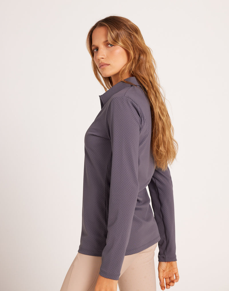 Milrey women's long sleeve riding shirt in dark grey. Casual fit polo blouse for comfortable equestrian wear. Dressage Show Jumping Eventing Competition riding blouse shirt.
