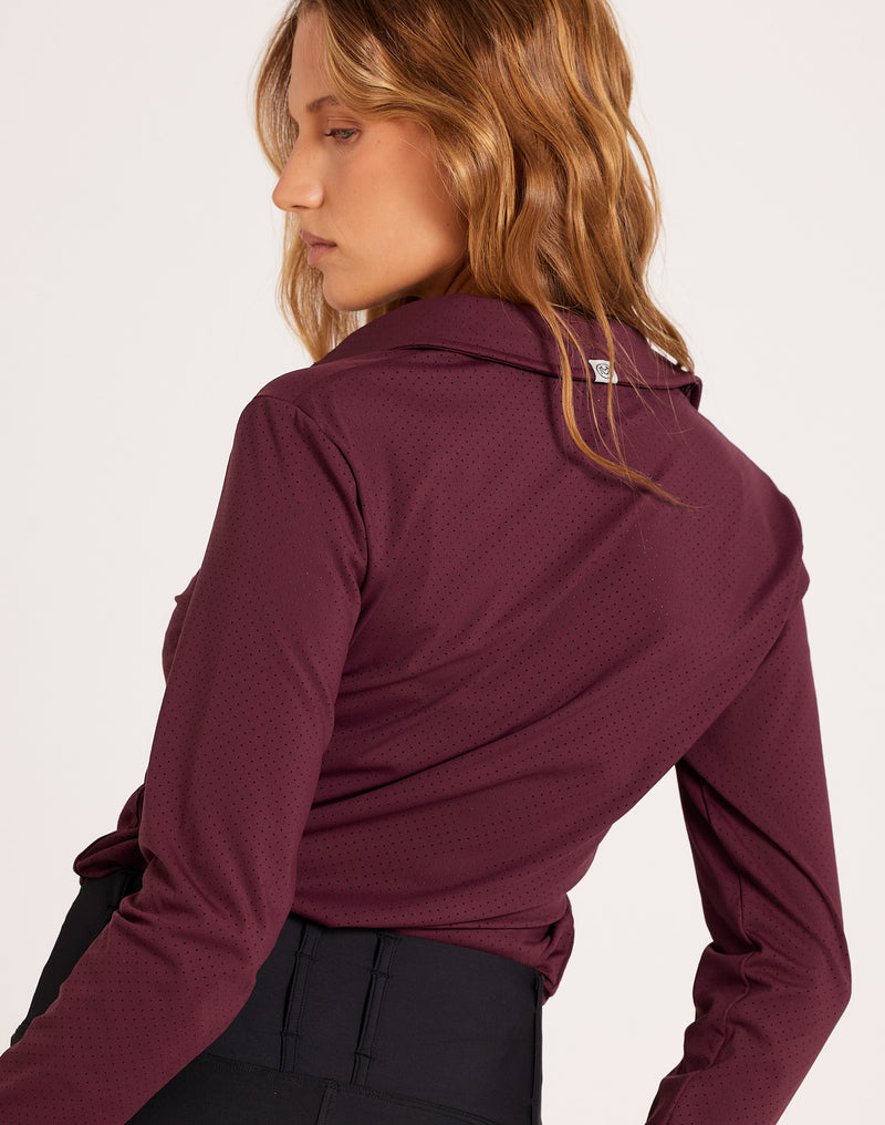 Milrey women's long sleeve riding shirt in sumac burgundy. Casual fit polo blouse for comfortable equestrian wear. Dressage Show Jumping Eventing Competition riding blouse shirt.