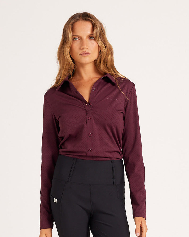 Milrey women's long sleeve riding shirt in sumac burgundy. Casual fit polo blouse for comfortable equestrian wear. Dressage Show Jumping Eventing Competition riding blouse shirt.