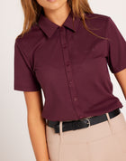 Milrey women's short sleeve riding shirt in sumac burgundy Casual fit polo blouse for comfortable equestrian wear. Dressage Show Jumping Eventing Competition riding blouse shirt.
