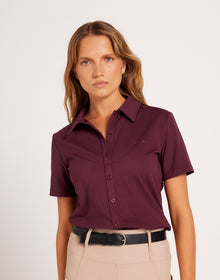 Milrey women's short sleeve riding shirt in sumac burgundy Casual fit polo blouse for comfortable equestrian wear. Dressage Show Jumping Eventing Competition riding blouse shirt.