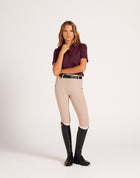 Milrey women's short sleeve riding shirt in sumac burgundy Casual fit polo blouse for comfortable equestrian wear. Dressage Show Jumping Eventing Competition riding blouse shirt.