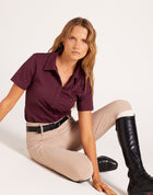 Milrey women's short sleeve riding shirt in sumac burgundy Casual fit polo blouse for comfortable equestrian wear. Dressage Show Jumping Eventing Competition riding blouse shirt.