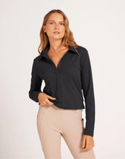 Milrey Callie long sleeve riding blouse in black — casual-fit technical polo blouse for equestrians.