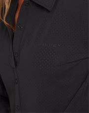 Milrey Callie long sleeve riding blouse in black — four-way stretch performance fabric for riders.