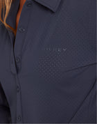 Milrey Callie long sleeve riding blouse in navy — detail of discreet perforation and buttons.