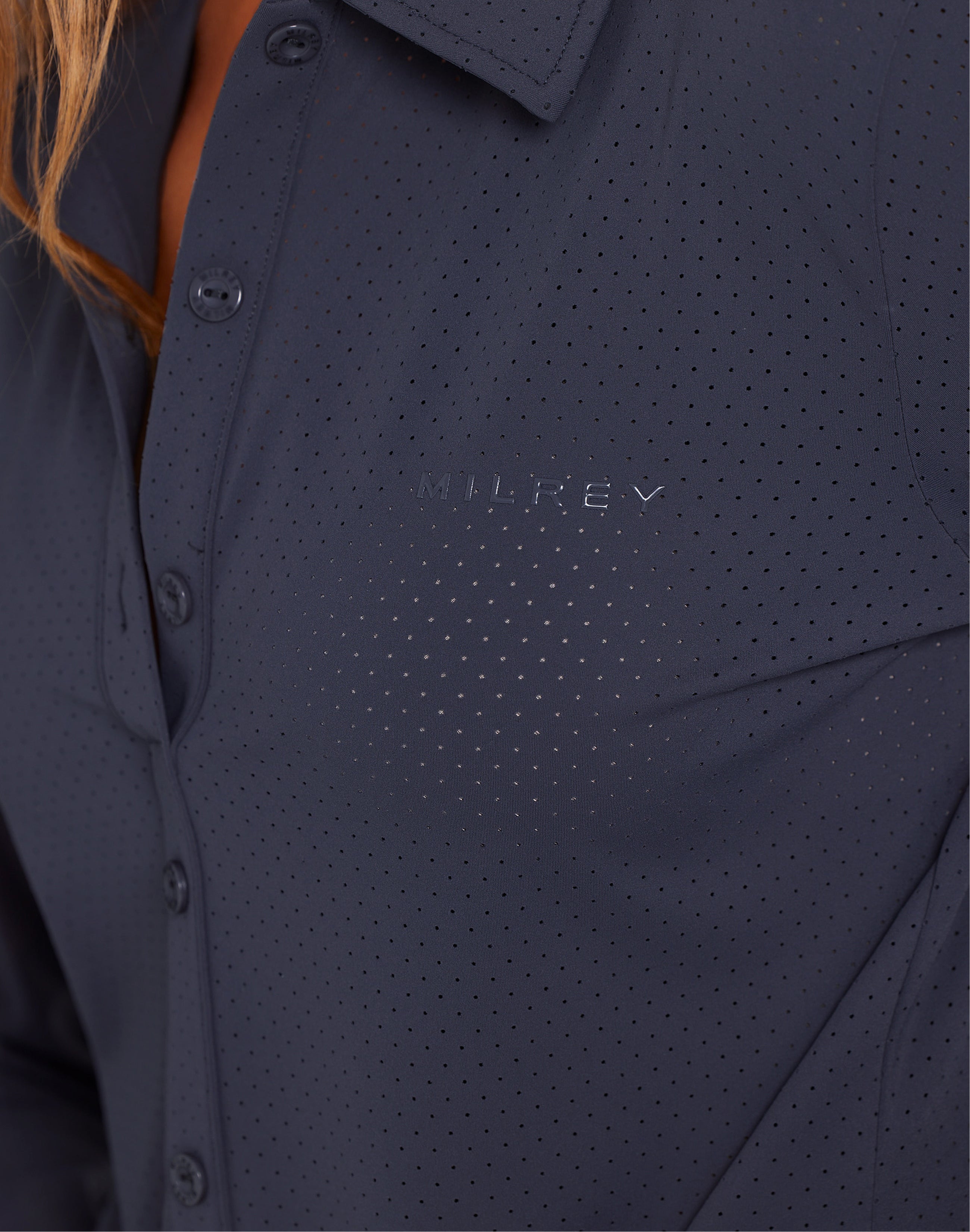 Milrey Callie long sleeve riding blouse in navy — detail of discreet perforation and buttons.
