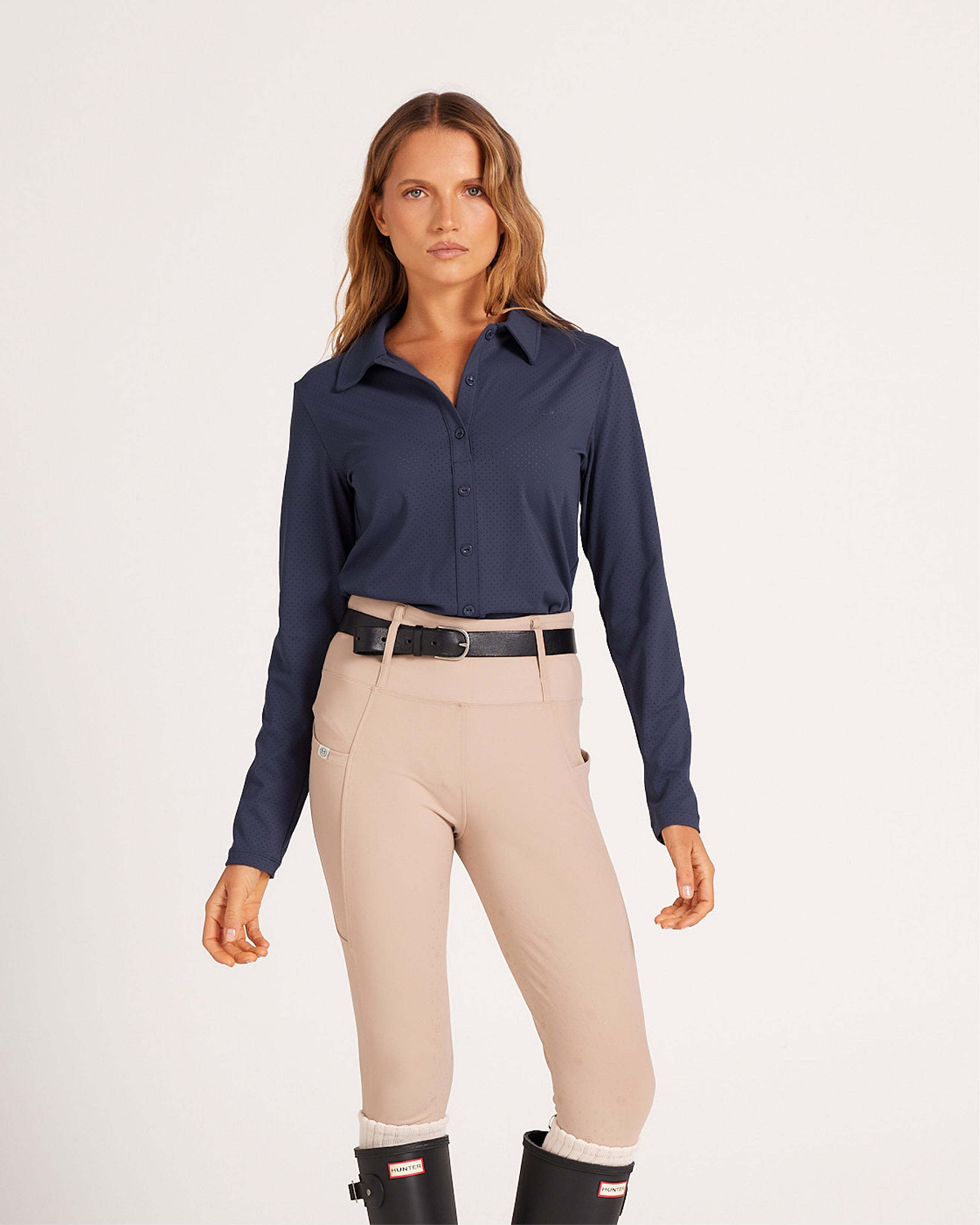 Milrey Callie long sleeve riding blouse in navy — casual-fit technical polo blouse for equestrians.