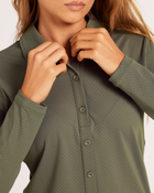 Milrey Callie long sleeve riding blouse in olive green — four-way stretch performance fabric for riders.