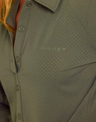 Milrey Callie long sleeve riding blouse in olive green — detail of discreet perforation and buttons.