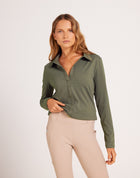 Milrey Callie long sleeve riding blouse in olive green — casual-fit technical polo blouse for equestrians.